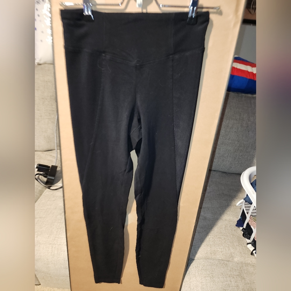 EXPRESS Stretch Casual Dress Black Ribbed Panel Super High Waist Leggings Worn 1 - Picture 2 of 7